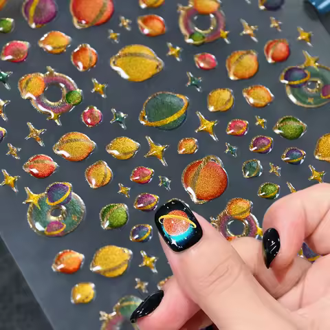 5D Crystal Planet Nail Stickers Embossed Shiny Cat Eye Jelly Planets Star Universe Adhesive Nail Dec