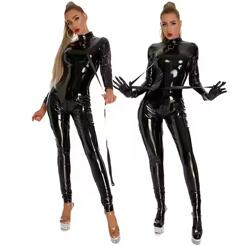 Women Shiny Faux Leather Jumpsuit Zip Open Crotch Wetlook PU Latex Bodysuit Latex Faux Leather Catsu