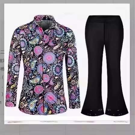 60s 70s Hippie Halloween Costume Sequins Pants Shirt Tops Bell Bottom Men's Flared Trouser Adult Dis