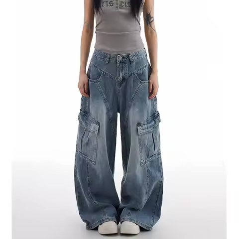 Korean Retro Lady High Waist Jeans Female New Streetwear Baggy Denim Trousers Women Comfortable Stra
