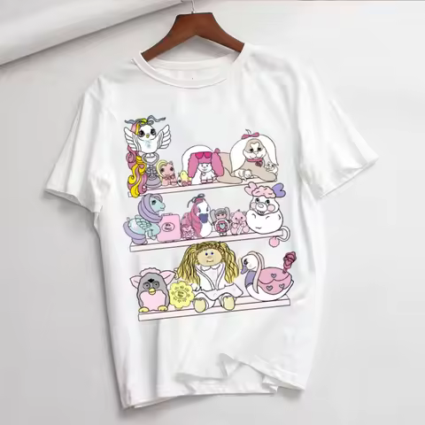 Kawaii Polly Pocket Casual T-shirt Women's Plus Print Short Sleeve Round Neck Slight Stretch T-shirt