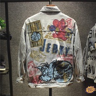 【Ready Stock】❀ jaket lelaki Outdoor windproof waterproof 2022 Spring and Autumn light colored graffiti printed denim jacket for men with holes, trendy European and American stre