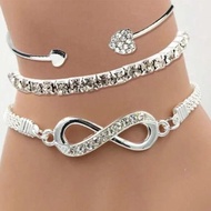 Vintage Set Silver Color Crystal Rhinestone Heart Bracelets for Women Fashion Geometric Adjustable I