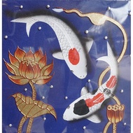 Koi fish art ภาพมงคล ปลาคราฟ 2ตัว ขนาด 40*40 cm เสริมดวง ฮวงจุ้ย ภาพวาดผ้าใบ ภาพติดผนัง ตกแต่งบ้าน โ