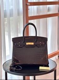 二手Hermes Birkin30 黑金內縫亮面兩點鱷魚 Ystamp