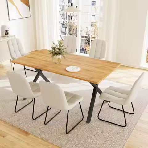 7-Piece Dining Set 63in MDF Table & 6 Upholstered U-Shape Chairs Metal Legs Kitchen Dining Room Oak 
