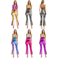 Choomomo Women Shiny Metallic 70s 80s Disco Dance Outfit V Neck Halter Sleeveless High Waist Flared 