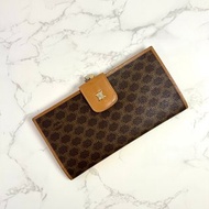 【初夏優惠】中古二手Celine咖啡色老花皮革長夾錢包小手拿袋