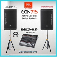 PAKET SOUND SYSTEM SPEAKER AKTIF JBL EON 715 MIXER ASHLEY 8 CHANNEL USB REKAM BLUETOOTH GARANSI RESM