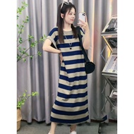 【Oversize Dress】(40-150kg) Fashion Split Stripe Dress Short Sleeves Plus Size Casual T-shirt Dress