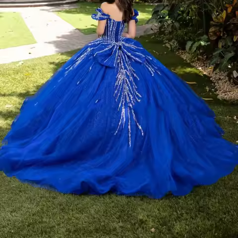 Customized Elegant Blue Quinceanera Dresses 15 16 Year Old Girl Sequined Bowknot Ball Gown Prom Birt