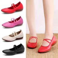 Large Size Women Square Dance Shoes Soft Leather Red Dance Shoes Soft Sole Dance Shoes Fashion Flat Shoes Size 35-42  Ready Stock
