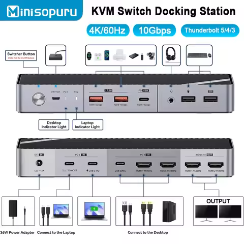 Minisopuru KVM Switch Dual Monitor with 4K60Hz 15W Charge EDID USB C KVM Docking Station for Thunder