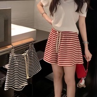 Red striped shorts women loose three quarter pants