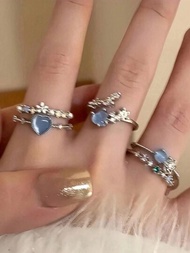 3入組時尚海藍色天然月光石和立體閃爍氧化鋯石戒指,適合女性日常佩戴