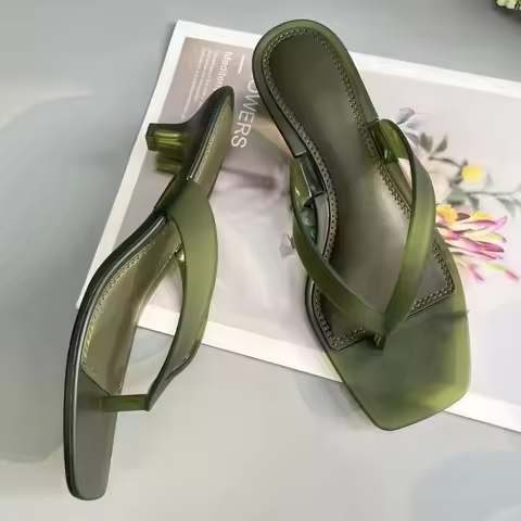 Korean Muted Tone Olive Green PVC Thong Sandals Women Clear Slim Kitten Heel Square Toe Backless Sho