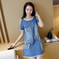 Large Size Denim Dress Women Summer Casual Dress Denim Beaded Patch Dress