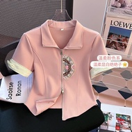 Womens Short T-shirt 2024 Summer New Look Slim Stand up Collar Fashionable Loose Casual Embroidered 