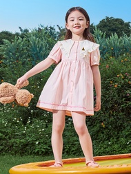 女幼童裝|小熊刺繡翻領短袖洋裝-粉色