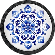 4 Pek Tombol Kabinet Bunga Mandala Porselin Biru dan Putih, Tombol Laci Bulat, Tombol Almari, Pemega