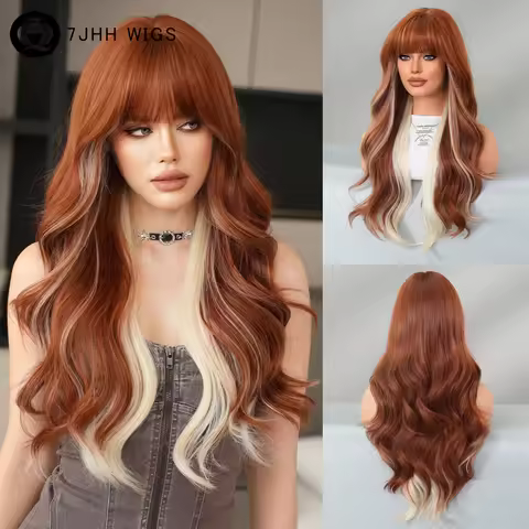 7JHH WIGS Lolita Wig Loose Body Wave Copper Highlight White Wig for Women Party High Density Synthet
