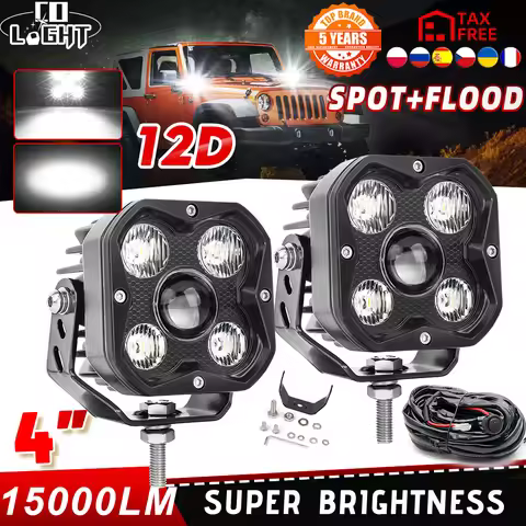 CO LIGHT 4 Inch Led Work Spotlights 12V 24V 15000LM for Motorcycles Flood Led Bar Fog Lights for Car