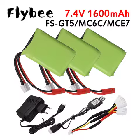 Upgrade 1600mah 7.4V Lipo Battery and Charger for Flysky FS-GT5 2.4G 6CH Transmitter RC Cars, 2S 7.4