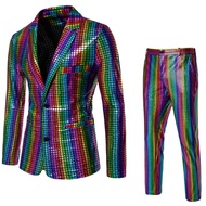 Fashion Men's 70s Disco Outfit Rainbow Suit Metallic Sequin Jacket and Pants Halloween Party Costume