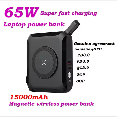 15000mAh 65W Fast Charge Magnetic Power Bank Integrated Cable Convertible EU UK Plug Travel Laptop C