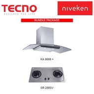 Tecno KA 9688 Tempered Glass Designer Chimney Cooker Hood + TECNO SR 288SV 2 Burner Stainless Cooker Hob