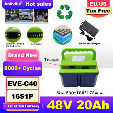 New 48V 20Ah LiFePO4 Battery, EVE-C40 16S1P,8000+ cycles,For 1500W Motor E-scooter golf cart motorcy