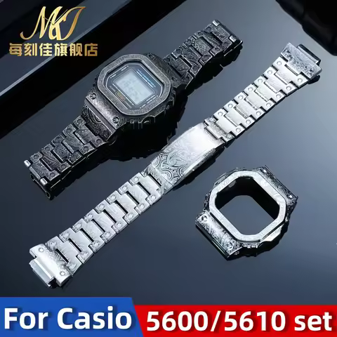 for Casio G-Shock DW5600/GW-M5610/GWB-5600 Full Metal Mod Kit - Stainless Steel Bezel & Retro Strap 