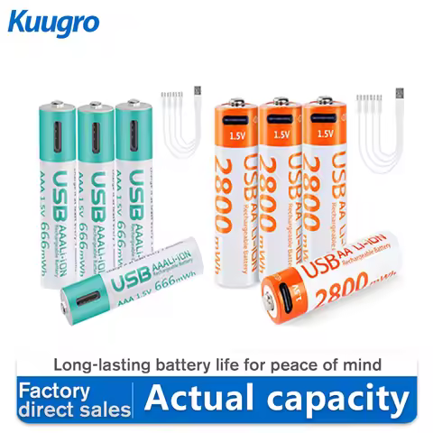 kuugro USB 1.5V AAA and AA Rechargeable Lithium ion Batteries 1.5V 2800mWh aa Li-ion Batteries+666mW