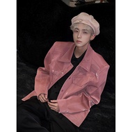 Châu Âu Và Mỹ High Street Hiphop Áo Khoác Áo Sơ Mi Nam Thời Trang Pu Sáng Bóng Màu Hồng Cao Cấp Áo K