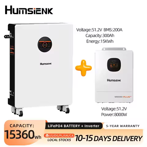 Humsienk 48V 300Ah LiFePO4 Bluetooth Battery& 48V 8KW 3-in-1 Solar Hybrid Inverter, Real-Time Monito