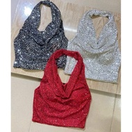 ( new) Áo yếm phối xích kim sa bling bling Áo Croptop Hai Dây Hở Lưng Đính Kim sa Lấp Lánh Gợi Cảm C