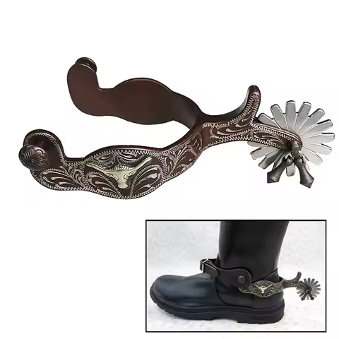 2pcs Horse Riding Bronzed Western Style Spurs Leather Belt Mild Steel Manual Carving German Silver E