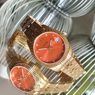 Original Fossil ES4904 Scarlette Mini Three-Hand Date Orange Dial Fixed Bezel Ladies Watch - Gold Tone