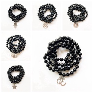 Natural Black Obsidian Bracelet 108 Prayer Beads Tibetan Buddhist Mala Bracelet Knotted Stones 6mm Fatima Hand Om Charms