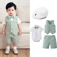 Baby Boss Outfit for Boy Green Suit White Shirt Romper Green Vest Bow Shorts Set Gentleman Baby Clot