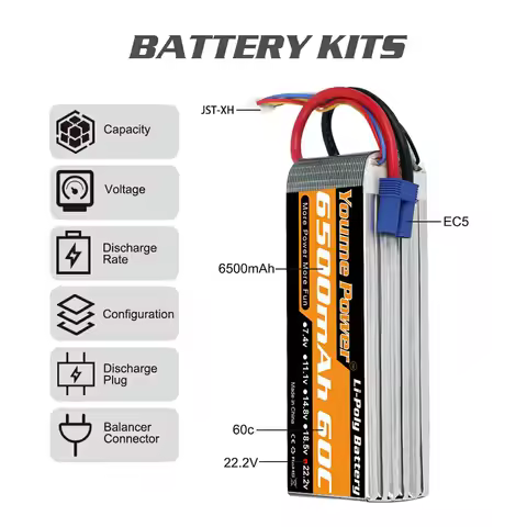 YOUME 1PCS 6S 4S 2S 3S Lipo Battery 6500mAh 7.4V 11.1v 14.8v 22.2v Lipo 60C XT60 Deans for RC Car tr
