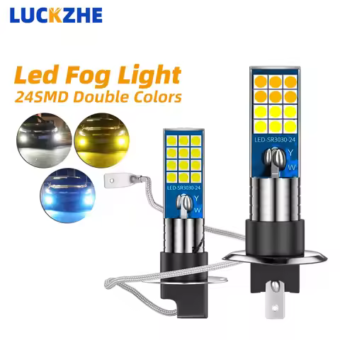 2Pcs H1 H3 LED Bulb Super Bright Doulbe Colors 24 3030SMD Car Fog Lights 12V 24V 6000K White Driving