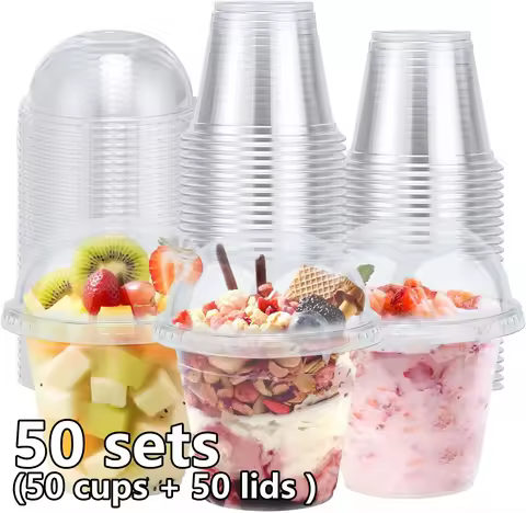50 sets of 9oz disposable cake cups, transparent with lids (domed and cup), plastic cups with lids, 
