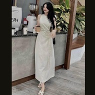 Đầm suông yếm 2 lớp dáng dài Linen bột Premium trẻ trung kèm đai tết SLINEN - Màu muối tiêu