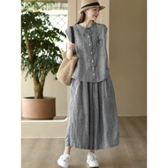 Literary Leisure Set: Italian Linen Embroidered Top & Wide-Leg Pants for Women