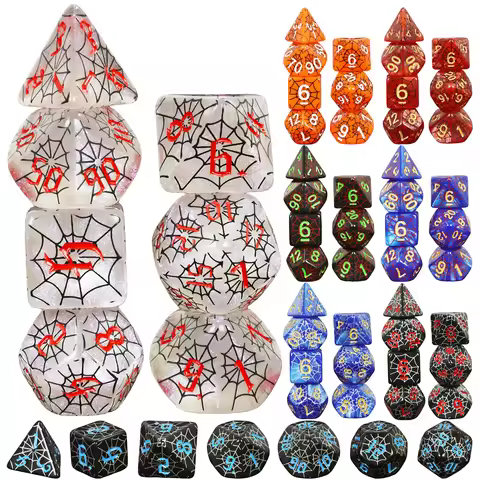 DND Dice Set 7pcs D4-D20 Polyhedral Dice with Silkscreen Printing Spider Web for Board Game DND Role