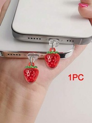 1入組掛飾草莓防塵塞，適用於蘋果/Type-C行動電話充電器或數據口，防塵保護套