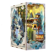 In stock Retro DIY Wooden Book Nook Shelf Insert Miniatures Kits Chinese Penglai Wonderland Bookshel