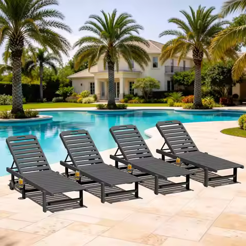 Outdoor Chaise Lounge Set of 4, Patio Lounge Chairs with 5 Positions Adjustable Reclining Backrest, 