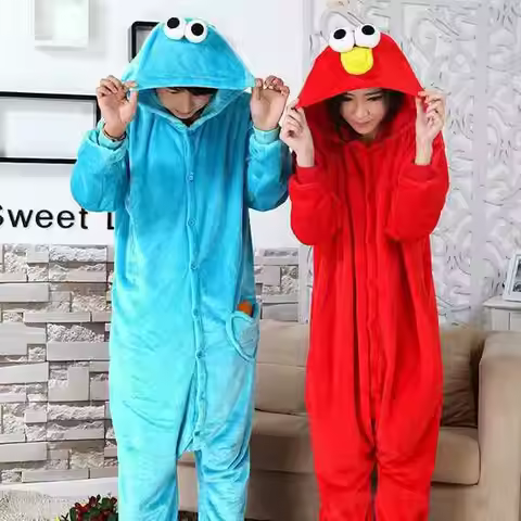 Blue Cookie Monster Red Elmo Onesies Animal Cosplay Costume Pajamas Adults One Piece Pyjamas Hooded 